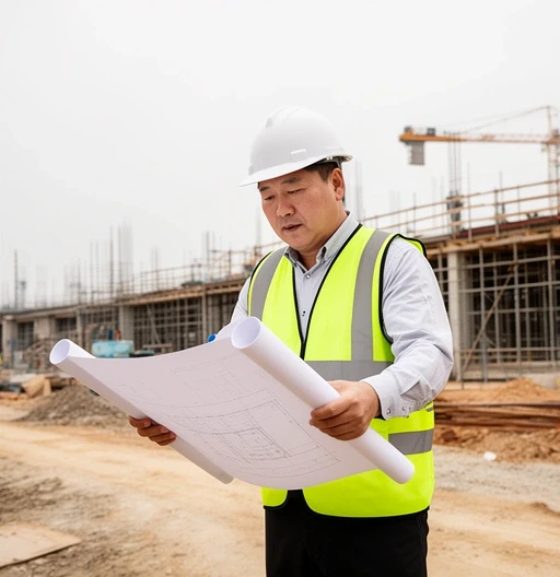 Project manager reviewing drawings on construction site