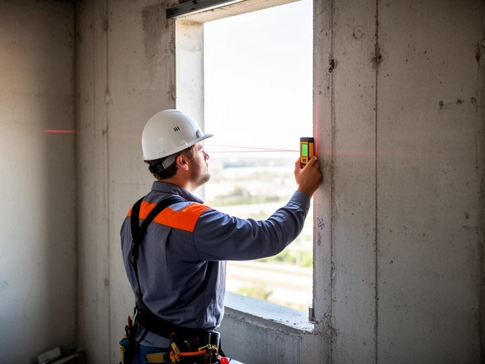 Engineer measuring window opening on site