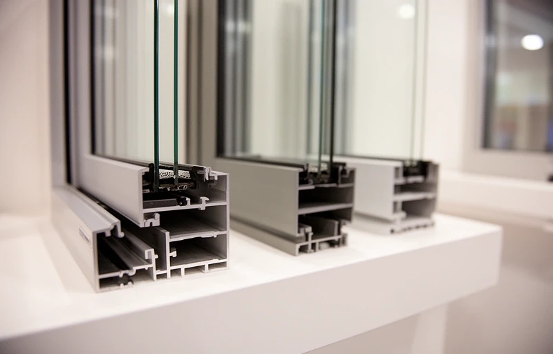 Aluminum window profiles on display in showroom