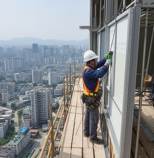 Installation foreman working at height on scaffold