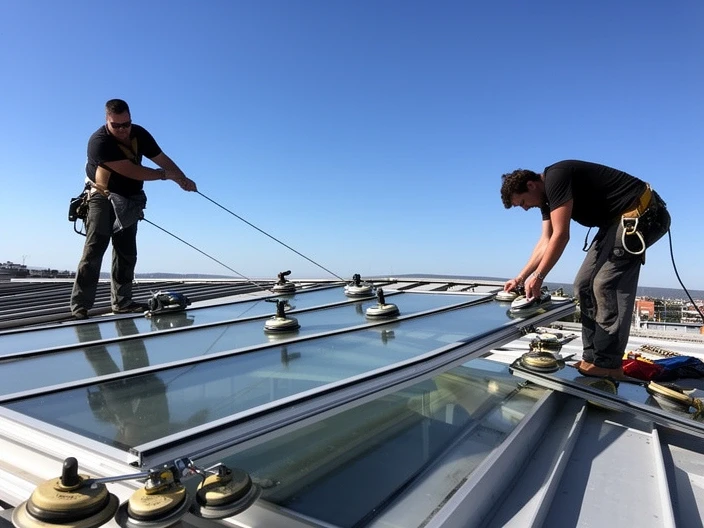 Installation crew fitting panels at height
